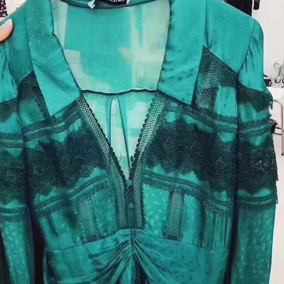 GREEN JACQUARD LACE TRIMMED MINI DRESS size US0 - Picture 8 of 8